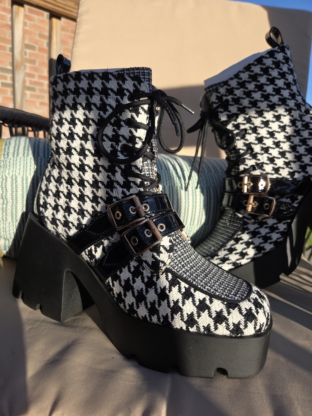 Betsey Johnson Black & White Houndstooth Platform Lace-Up Boots